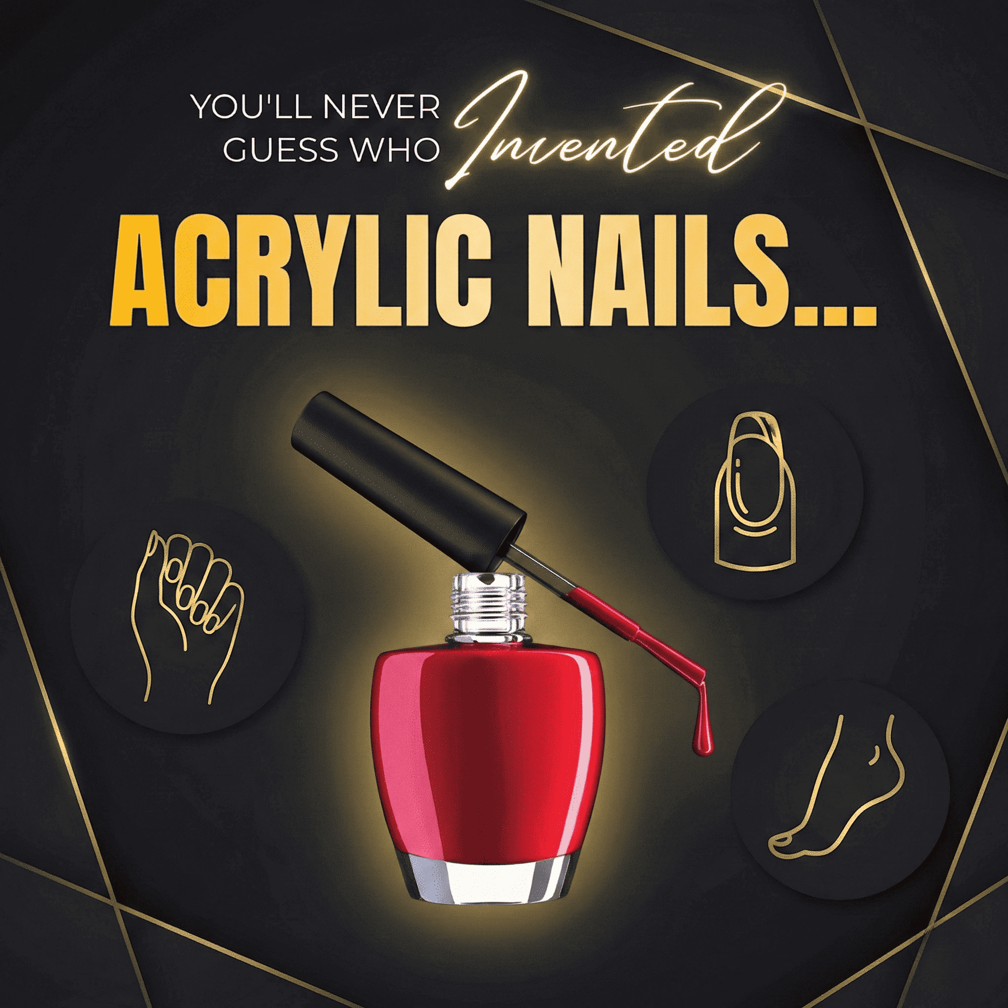 Bottle of red nail polish with text about acrylic nails.